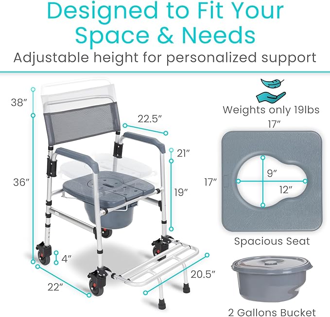 Vive Commode Shower Chair with Wheels - 3-in-1 Bathroom & Bedside Wheelchair for Seniors, Adults, Elderly, Disabled, Handicap - Rolling Toilet Transfer Seat w/Arms, Footrest, & Removable Bucket