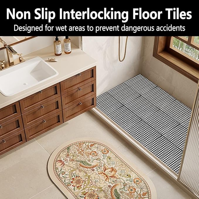Interlocking Floor Tiles 12x12 Inch, 12 Pack Soft PVC Non-Slip Drainage Tiles with Holes for Bathroom, Pool Deck, Gym, Garage, Kitchen & Wet Areas, Easy Splicing Anti-Fatigue Mat, Black (12 Pack)