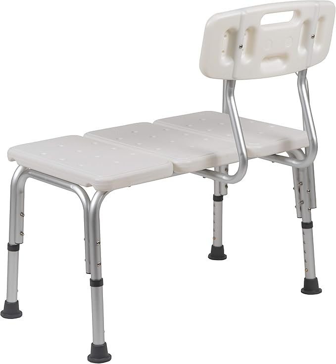 Flash Furniture HERCULES Series 300 Lb. Capacity Adjustable White Bath & Shower Transfer Bench with Back and Side Arm