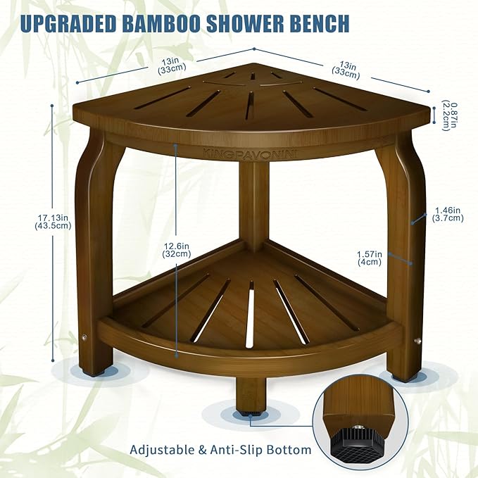 KingPavonini Bamboo Corner Shower Stool for Shaving Legs Foot Rest, Waterproof Bath Bench Seat with Storage Shelf for Bathroom Inside Shower, Hold Up to 450Lbs