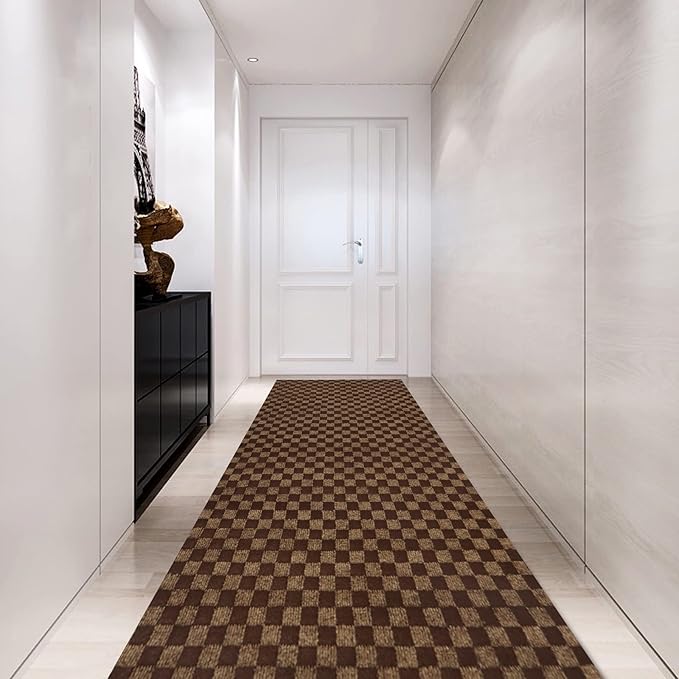 Custom Size Backed Non-Slip Area Rugs Runner, Easy Clean, Waterproof Runner Rugs for Hallway Entryway, Kitchen, Laundry, 2FT x 73FT, Brown Checkered