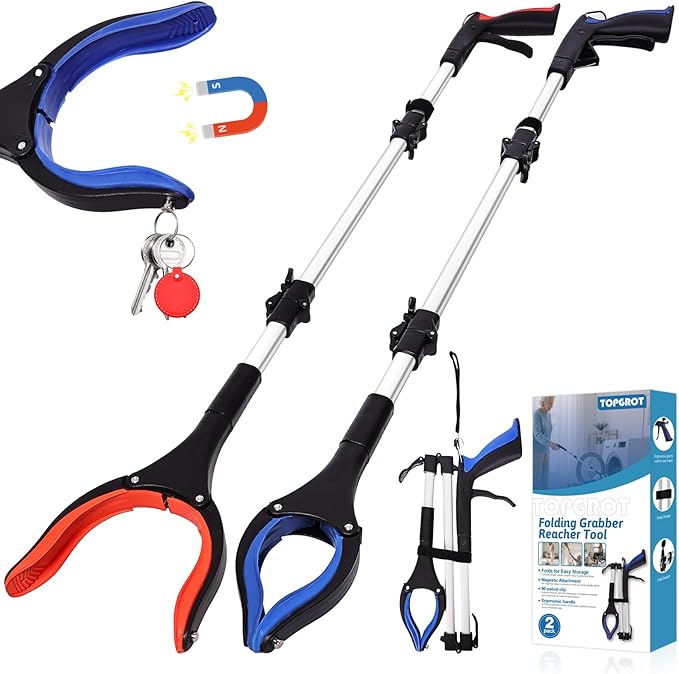 43" Grabber Reacher Tool for Seniors 2 Pack, Foldable Reacher Grabbers Pickup Stick with Anti-Slip 90°Rotating Jaw, 4" Wide Extended Claw with Magnet for Disabled, After Surgery Recovery