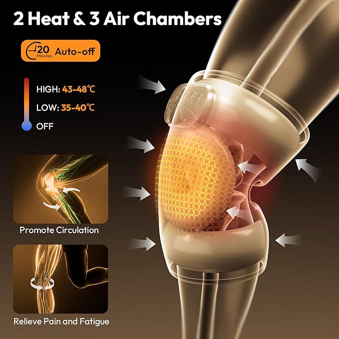 QUINEAR Air Compression Knee Massager with Heat, Knee Brace Wrap for Arthritis Pain Relief, Heating Pad for Knee for Circulation and Pain Relief,3 Modes & 3 Intensities