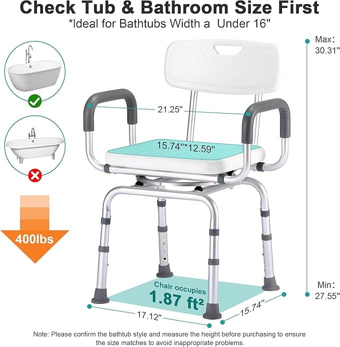 PETKABOO 360 Degree Shower Chair Swivel,Portable Seat with Armrests and Back, Adjustable Height Seat for Bathtub (Small Swivel Seat)