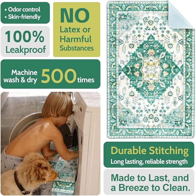 Washable Pee Pads for Dogs 2 Pack Reusable Puppy Training Pads 60"x48" Super Absorbent Waterproof Dog Training Pads, Non-Slip Potty Pads Whelping Pads Litter Mat Pet Supplies - Green Medallion