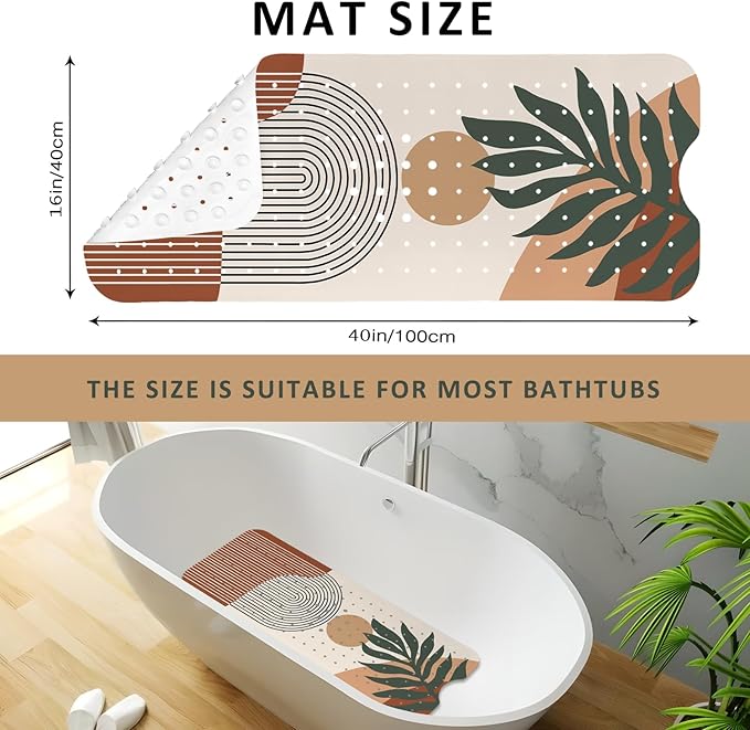 Rainbow Bathtub Mat Non Slip, Boho Baby Bath Mat for Tub Rubber Tub Mat, Kids Bath Mats for Bathroom Abstract Anti Slip Shower Mat with Suction and Drain Holes Machine Washable, 40″X16″