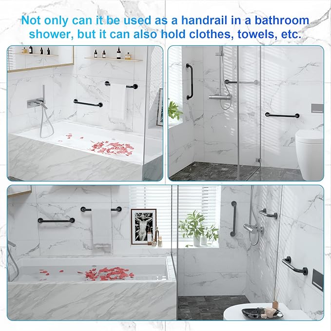 16 Inch Matte Black Shower Grab Bar-1" Diameter, iMomwee Stainless Steel Elderly Safety Bars, Bathroom Shower Balance Bar, Wall Handrail Support, Handicap Senior Disabled Pregnant Assist Bath Handle