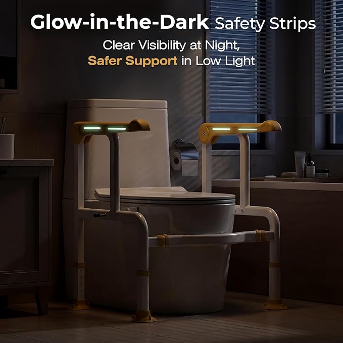 Toilet Safety Rails for Elderly & Disabled with Glow-in-the-Dark Handles, 450 lbs Heavy-Duty Frame, Flip-Up Arms, Dual Lock (Suction & Clamp), Adjustable No-Wobble Support, Yellow