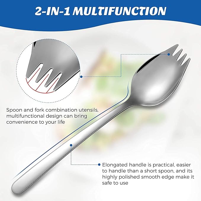 IQCWOOD Sporks, 4-Pack 18/10 Stainless Steel Fork, Metal Spork for Everyday Household Use, 7.4-Inch Long Handle Dessert Ice Cream Salad Forks, Flatware Set Spork for Fruit Appetizer Dessert