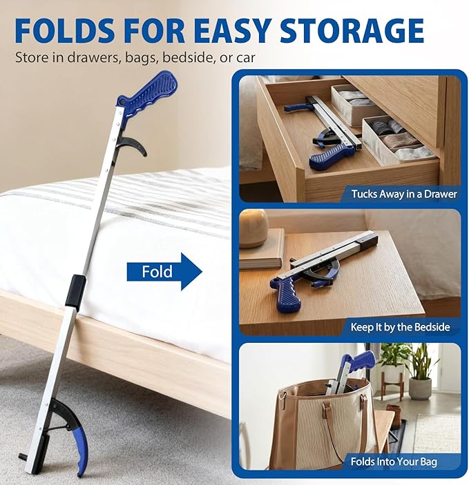 Blue Jay 32 Inch Foldable Reacher Grabber Tool for Elderly, Lightweight Long Arm Trash Picker with Magnetic Tip & Ergonomic Soft Grip (2 Count (Pack of 1))