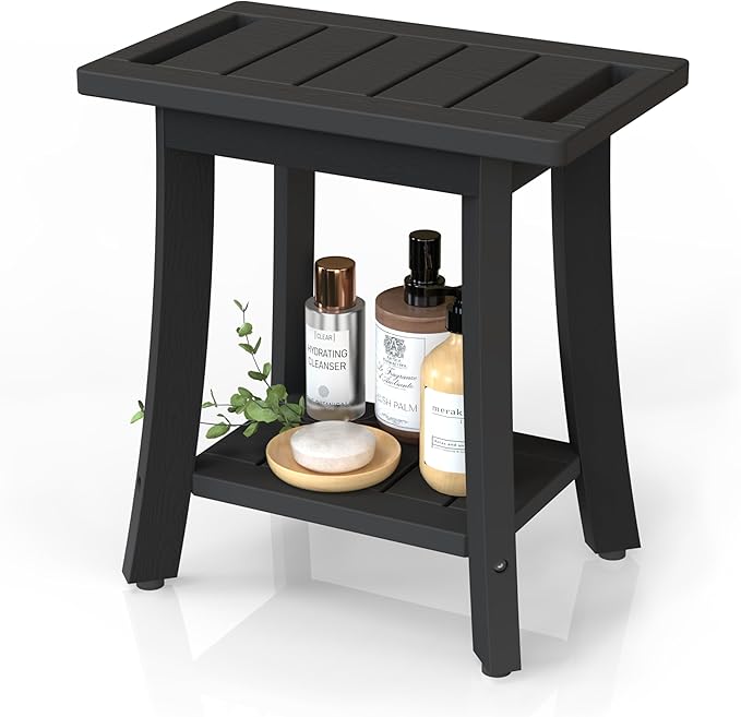 Waterproof Shower Benches for Inside Shower, Poly Lumber Shower Stool with Storage Shelf & Adjustable Feet, SPA Bathroom Seat Chair for Shaving Legs, Indoor or Outdoor Use, Black