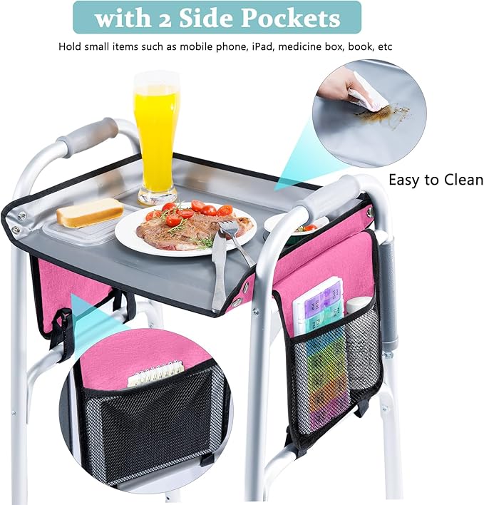 BAGSFY Walker Tray with Cup Holder & Side Pocket – Hard Top Walker Table for Seniors – Folding Walker Accessory for Meals, Reading, Drinks – Non-Slip Surface, Tool-Free Install, Universal Fit
