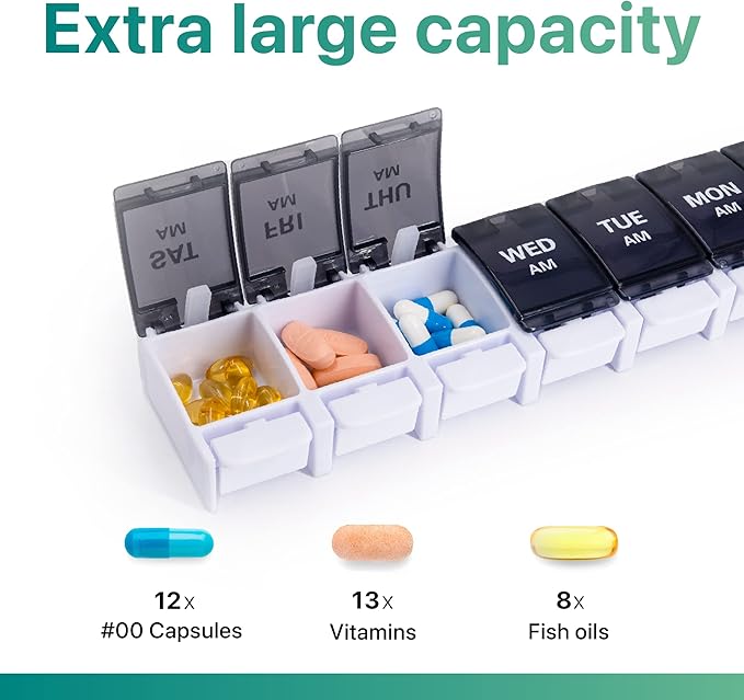 Sukuos AM PM Weekly 7 Day Pill Organizer, 2 Times A Day Pill Box with Arthritis Friendly Push Button, Medicine Cases for Vitamin/Fish Oil/Supplements, Easy to Clean (Black&White)