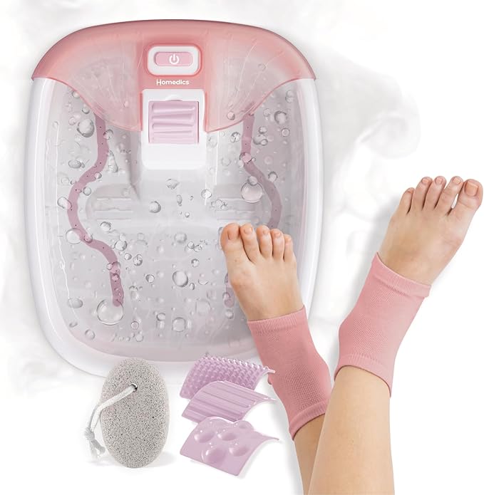 Homedics Bubble Bliss Deluxe Footbath Gift Set – Maintain Heat Foot Spa with Invigorating Bubbles, 3 Massage Attachments, Pumice Stone, Moisturizing Heel Socks & Splash Guard for Ultimate Relaxation
