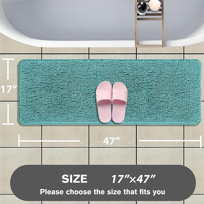 Bathroom Runner Rug 47 x 17 Inch – Long Bath Mat | Absorbent and Washable Thick Chenille Bath Rug Non-Slip Runner Rug for Bathroom, Shower, Sink(Teal)