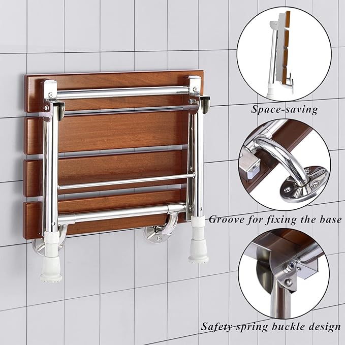 Folding Shower Seat Wall Mounted with Legs, Foldable Shower Chair for Inside Shower, Fold Down Shower Bench for Seniors (Wood, Height Adjustable)