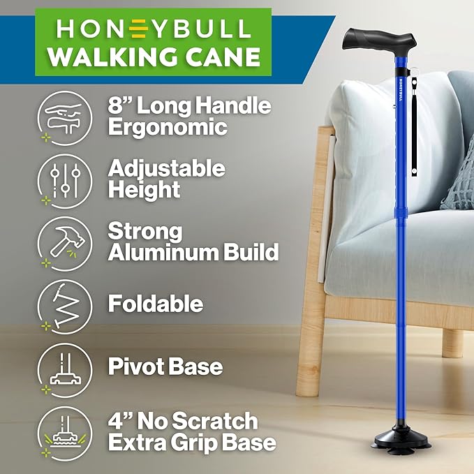 HONEYBULL Walking Cane for Men & Women Foldable, Adjustable, Heavy Duty, Free Standing, All Terrain, Collapsible Walking Sticks for Seniors & Adults