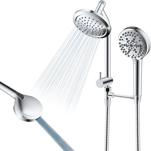 All Metal Dual Shower Head Easy Reach, High Pressure 10-Spray Handheld Shower & 6" Round Rainfall Shower Head Combo, Shower Extension Arm, 71" Hose, 3-way Diverter, Brass Shower Bracket, Chrome