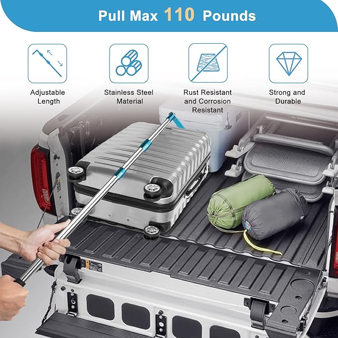 6.3 Ft Truck Cargo Grabber Reach Retriever Tool, Expandable Heavy Duty Stainless Steel Truck Telescoping Pull Pole with Two Hooks for PickupTruck SUV Boat Accessories