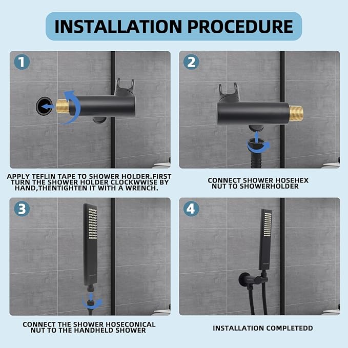Solid Brass Handheld Shower Head Arc Design High Pressure Matte Black Hand Shower Wand with Adjustable Supply Elbow Wall Connector Shower Holder and 59″ Stainless Steel Hose Set