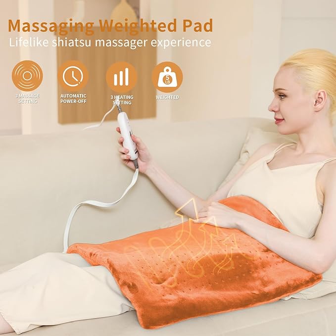 Massaging Weighted Heating Pad - Electric Heating Pad for Back Pain Relief with Massager, 3 Heat, 6 Massage, Auto Off, Extra Large Vibrating Heat Pad for Shoulder Neck (Pumpkin Yellow, 12"×24")