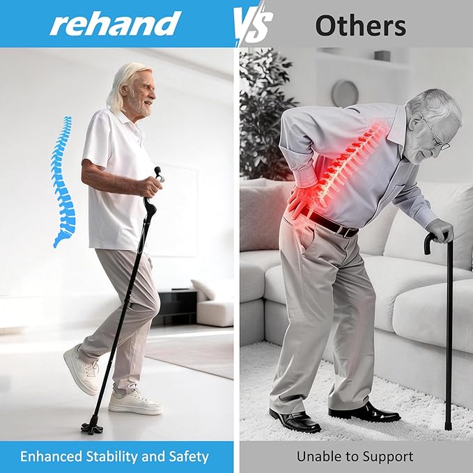 REHAND Adjustable Walking Cane for Seniors Adults - Ergonomic Anti-Slip Grip, 10 Height Settings (40"-49"), 350lbs Weight Capacity, Self-Standing Foldable Cane with Enhanced Anti Slip Base (Black)
