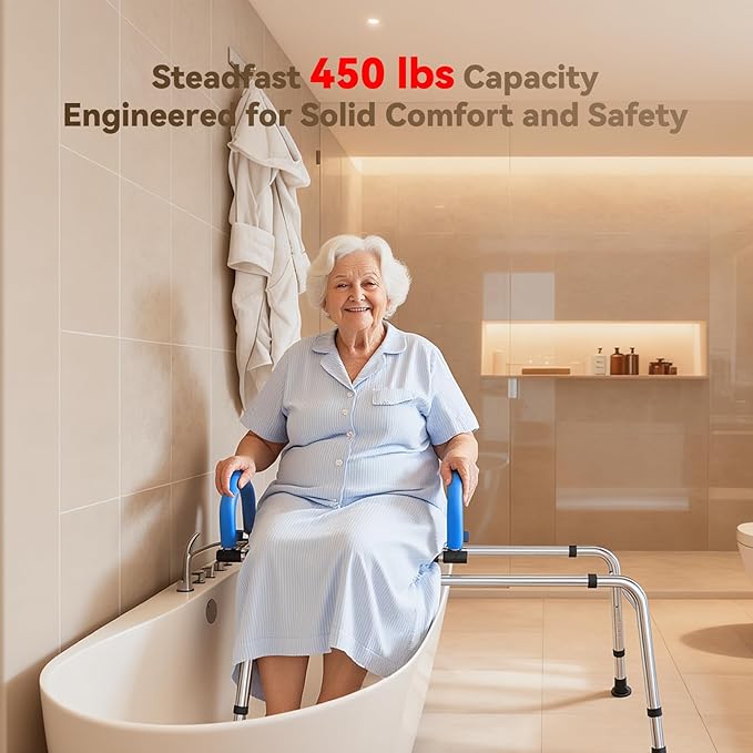 Sliding Shower Chair with Swivel Seat for Tub – 450lbs Bariatric 360° Rotating Bathtub Transfer Bench Inside Shower, Adjustable Height & Width Bath Chairs for Adults Seniors Elderly and Disabled