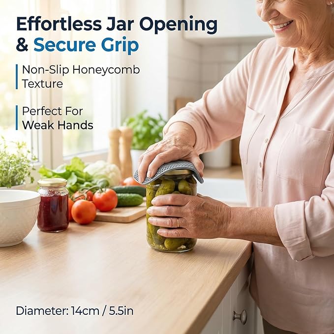 4-Pack Silicone Jar Openers and Trivet Mats, Non-Slip Gripper Pads for Seniors and Weak Hands, Round Textured Hot Pads for Kitchen Counter, Hot Dishes, and Easy Lid Opening (17.5cm)