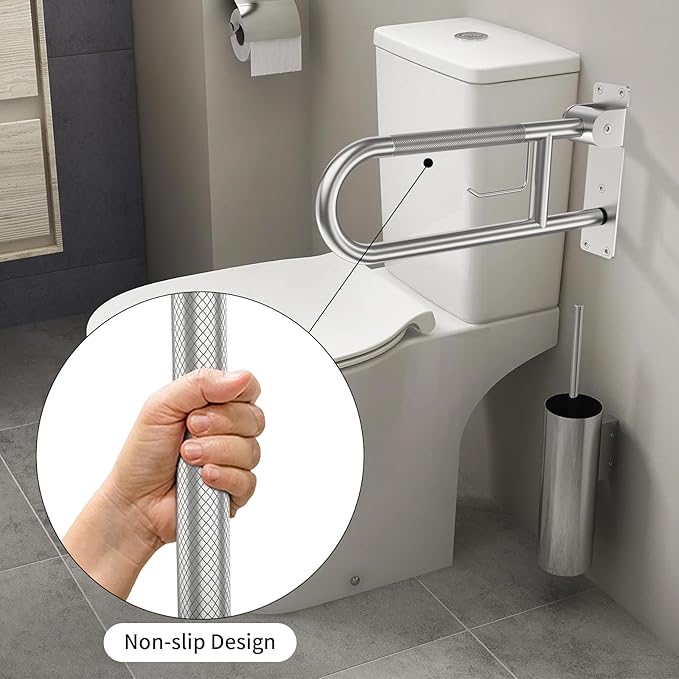 Toilet Grab Bar 22.4 Inch, YuanDe Brushed Nickel Anti-Slip Support Rail, U Shaped Flip-Up Grab Bar with Paper Holder, Stainless Steel Knurled Handicap Safety Handrails for Disabled Elderly Pregnant