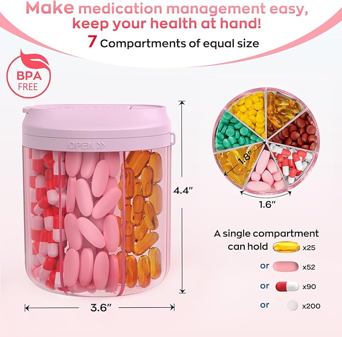 HIONXMGA Pill Organizer with 7 Large Compartments, Pill Dispenser for Travel, Supplement Organizer with Anti-Mixing Design, BPA-Free Pill Container with 20 Pcs Labels, Pink
