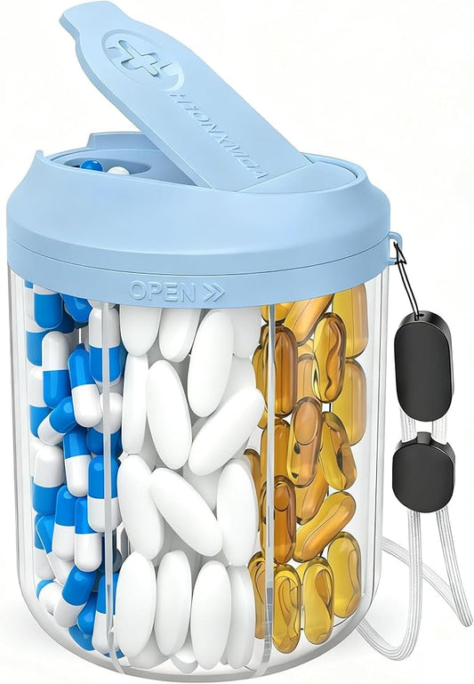 Hionxmga Pill Dispenser with 7 Large Compartments, 4.4" H x 3.6" Dia Pill Bottle Organizer for Travel, Supplement Organizer with Anti-Mixing Design, BPA-Free Pill Container with 20 Pcs Labels, Blue
