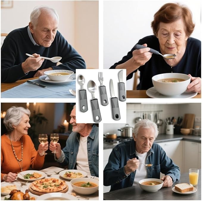Adaptive Utensils 5 Piece Set Weighted Utensils for Hand Tremors Easy Grip Parkinsons Utensils Extra Wide Handles Built up Utensils for Adults with Knife Fork Spoon for Disabled Arthritis People（Grey）