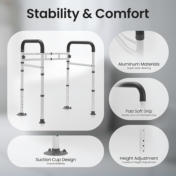 Careboda Toilet Safety Rails, Toilet Frame for Seniors, Elderly & Disabled, Toilet Rails Adjustable, Foldable Toilet Handles, Non-Slip Foot Mats, Easy to Store, Fit Any Toilets, 300lbs Capacity