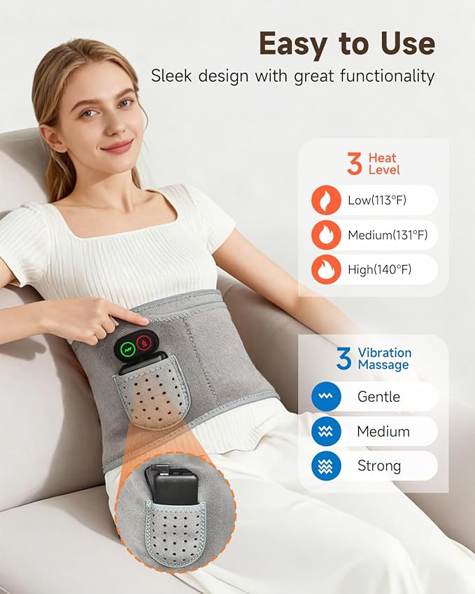 Cordless Heating Pad with Massager for Back Pain Relief, Portable Wearable Heat Belt for Lower Back 8000mAh Rechargeable Wireless Electric with 3 Heat 3 Vibration, Gifts for Women Men Mom Dad Seniors