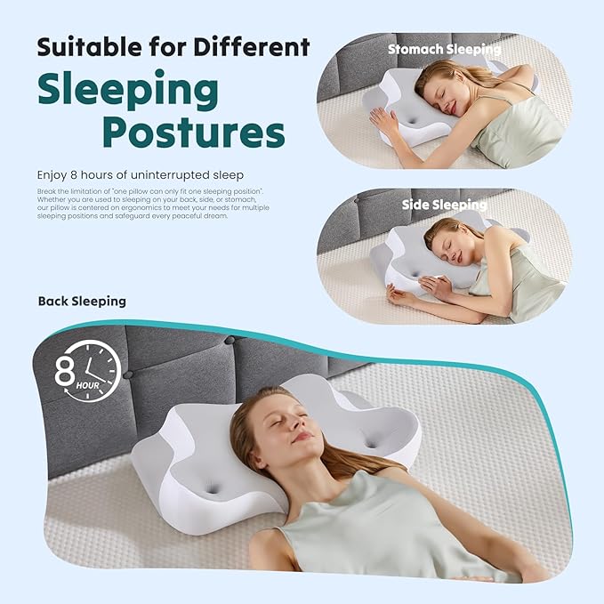 DUMOS Cervical Neck Pillow for Sleeping, Cooling Ergonomic Memory Foam Pillow with Arm Rest Slot and Ice Silk Pillowcase, Dual Height Orthopedic Support Contour for Side, Back, Stomach Sleepers