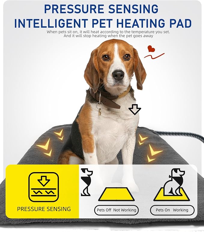 Pressure Activated Pet Heating Pad 18 x 22,Gravity Sensing,Automatic or Manual Mode,Heated Dog Bed with Timer,Adjustable Temperature,Chew Resistant Cord,Waterproof & Washable Heated Pet Bed Mat