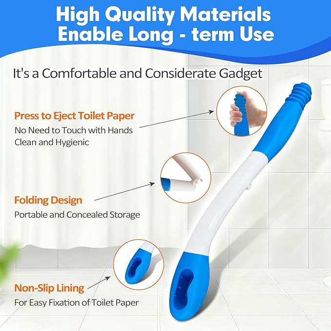 Foldable Bottom Buddy Wiping Aid with Storage Bag & Hook, 15.7" Long Reach Butt Wiper Toilet Aids for Wiping Bottom, Toilet Assistance for Elderly, Disabled, Overweight, Wiping Aids for Toileting