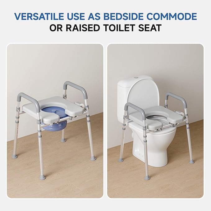 Loyoda Bedside Commode with Bucket for Seniors, Toilet Chair with Padded Handles & Seat, 400 LBS Bedside Toilet with Adjustable Height & Width for Pregnant, Disabled, Handicapped,(Gray)