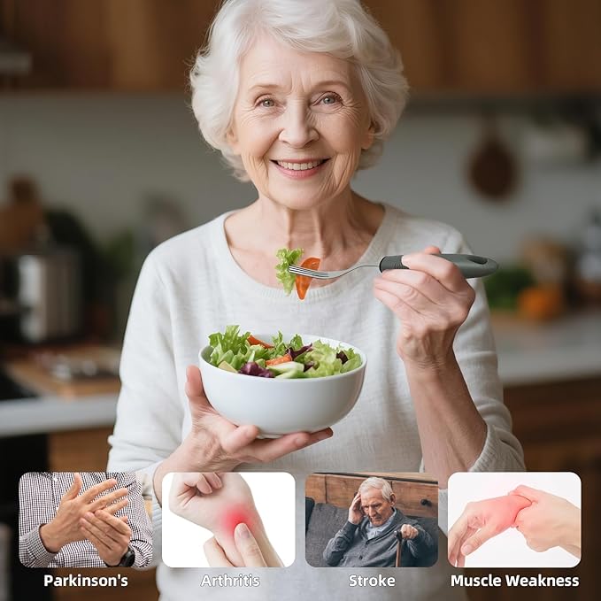 4 Pcs Adaptive Utensils for Elderly, 45° Angled Built Up Handle Utensils for Adults, Arthritis Silverware for Parkinsons Patients, Eating Utensils for Hand Tremors(Right-Handed)