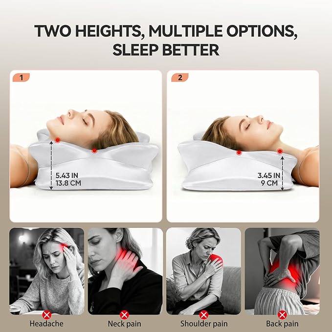 Cervical Neck Pillow for Neck Pain Relief,Ergonomic Memory Foam Contour Pillow with Wrinkle-Resistant Silky Satin Fabric Cover,Orthopedic Bed Pillow for Side,Back,Stomach Sleepers,White