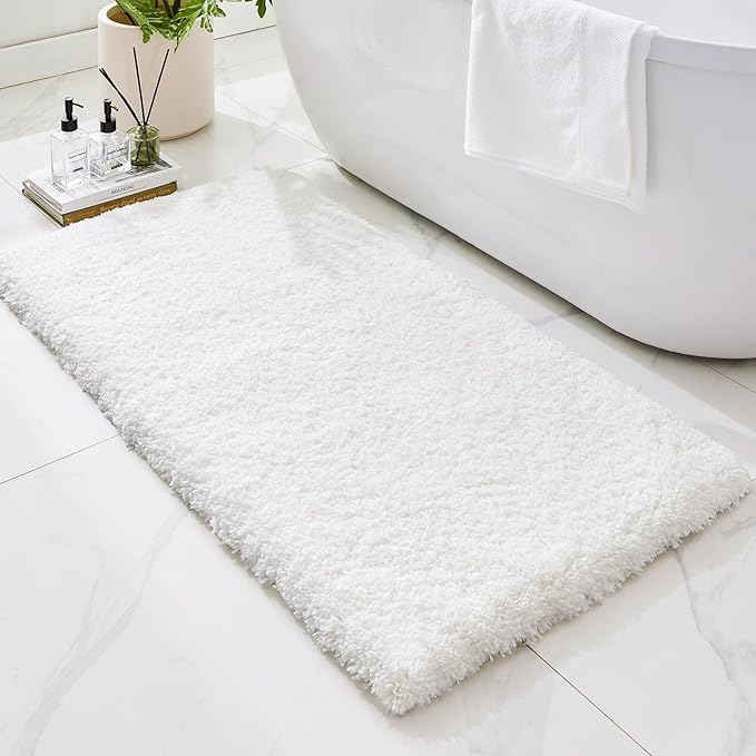 Bathroom Rugs Non Slip Washable 59x24, Ultra Thick Soft Microfiber Absorbent Bath Mats, High Density Foam Latex Non Slip Backing Bath Rugs, Fluffy Floor Carpet for Tub&Shower, White