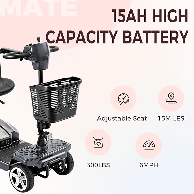 4 Wheel Mobility Scooter for Seniors & Adults 15 Mile Range, 6 MPH Powered Mobility Scooter with 300 lbs Capacity, Foldable Compact Mobility Scooter for Travel, Electric Wheelchair Gray