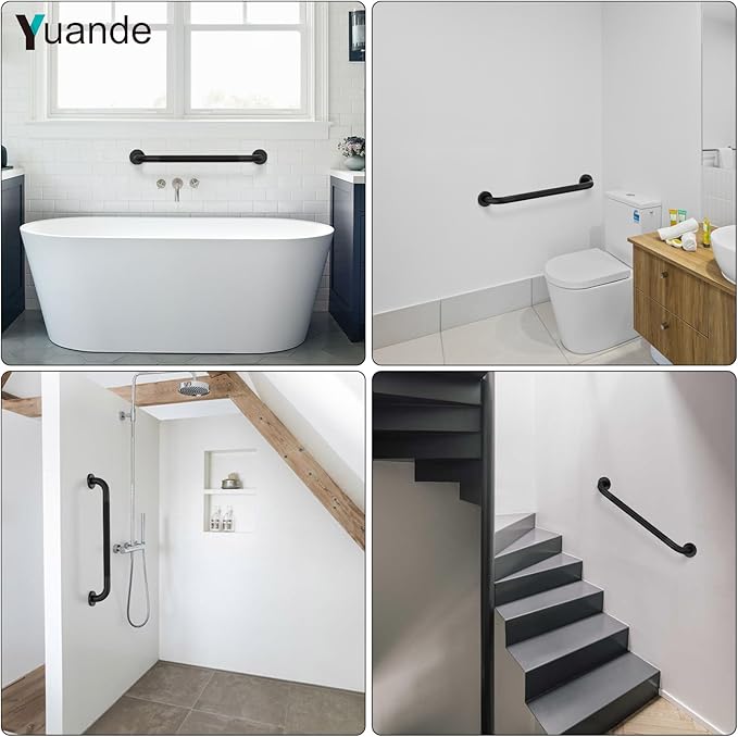 4 Pack 24 Inch Shower Grab Bar, YuanDe Matte Black Bathroom Grab Bar Handle w/Anti-Slip Knurled Grip, Stainless Steel Bath Balance Bar, 1.25" Diameter Safety Hand Rail Support,Handicap Injury Elderly