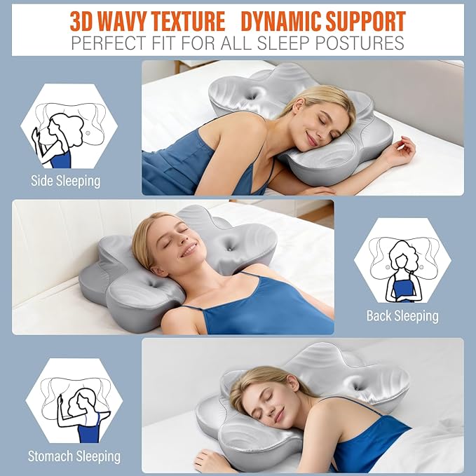 CCidea Dual Ear Relief Zone Contour Pillow, Ice Silk Satin Cervical Memory Foam Pillow for Sleeping, Ergonomic Neck Support for Side, Back & Stomach Sleepers