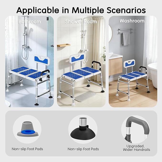 Bathtub Transfer Bench Shower Chair for Inside Tub Heavy-Duty Adjustable Width & Height Handicap Bath Chair with Extended Shower Seat and Reversible Backrest for Seniors, Elderly & Disabled