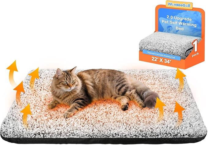 WanpeeGoo Self Warming Pet Bed for Cats & Dogs, Heated Pet Mat, 2.0 Upgraded Thermal Foil Heating Pad, Plush Self-Heating Bed for Crate, Floor, with Removable Washable Cover, Non-Slip, Gray, 22"x34"