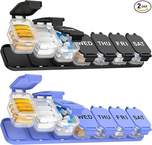 2-Pack Extra Large Weekly Pill Organizer, Travel Pill Box 7 Days, XL Vitamin Holder with 7 Detachable Compartments, Protable Medicine Organizer for Supplements