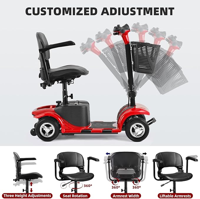 Mobility Scooter for Adults, Senior, 4 Wheels Electric Powered Chargeable Device for Travel, Lightweight and Portable, with LED Headlights and Basket, Charger Included, Red/Blue (RED red)