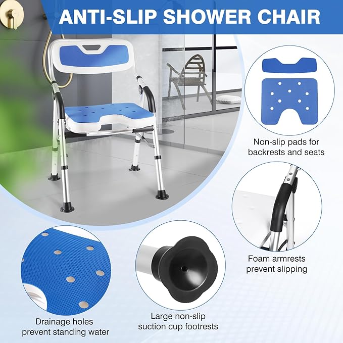 DEWEL Foldable Shower Chair for Elderly and Disabled, Folding Shower Seat with Armrests and Back Height Adjustable, Aluminum Alloy Bath Seat for Inside Shower, 330lbs Capacity (Blue)
