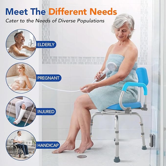 FSA/HSA Eligible 360° Swivel Shower Chair for Inside Shower, Adjustable Shower Seat with Pivoting Arm Bath Seat for Bathtub, Handicap Bathtub Chair for Senior Elderly Disabled, 4Level Height